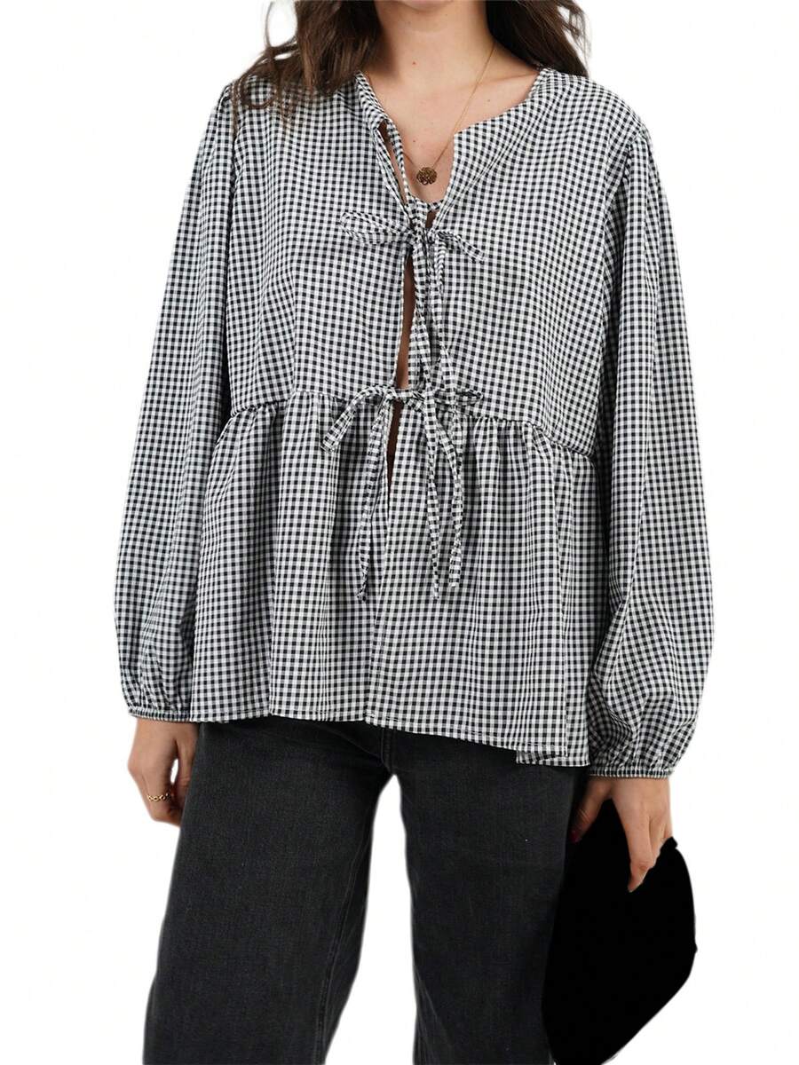 Womens Tie Front Tops Long Sleeve Round Neck Hollow Out Loose Babydoll Shirts Spring Fall Blouses - Black - View 1