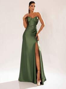 LONG WEDDING PARTY DRESS FOR BRIDESMAID FASHIONISTA STRAPLES WITH SLIT - Olive Green - View 1