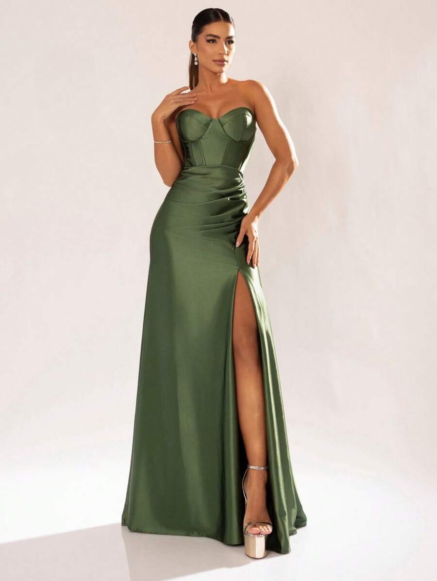 LONG WEDDING PARTY DRESS FOR BRIDESMAID FASHIONISTA STRAPLES WITH SLIT - Olive Green - View 1