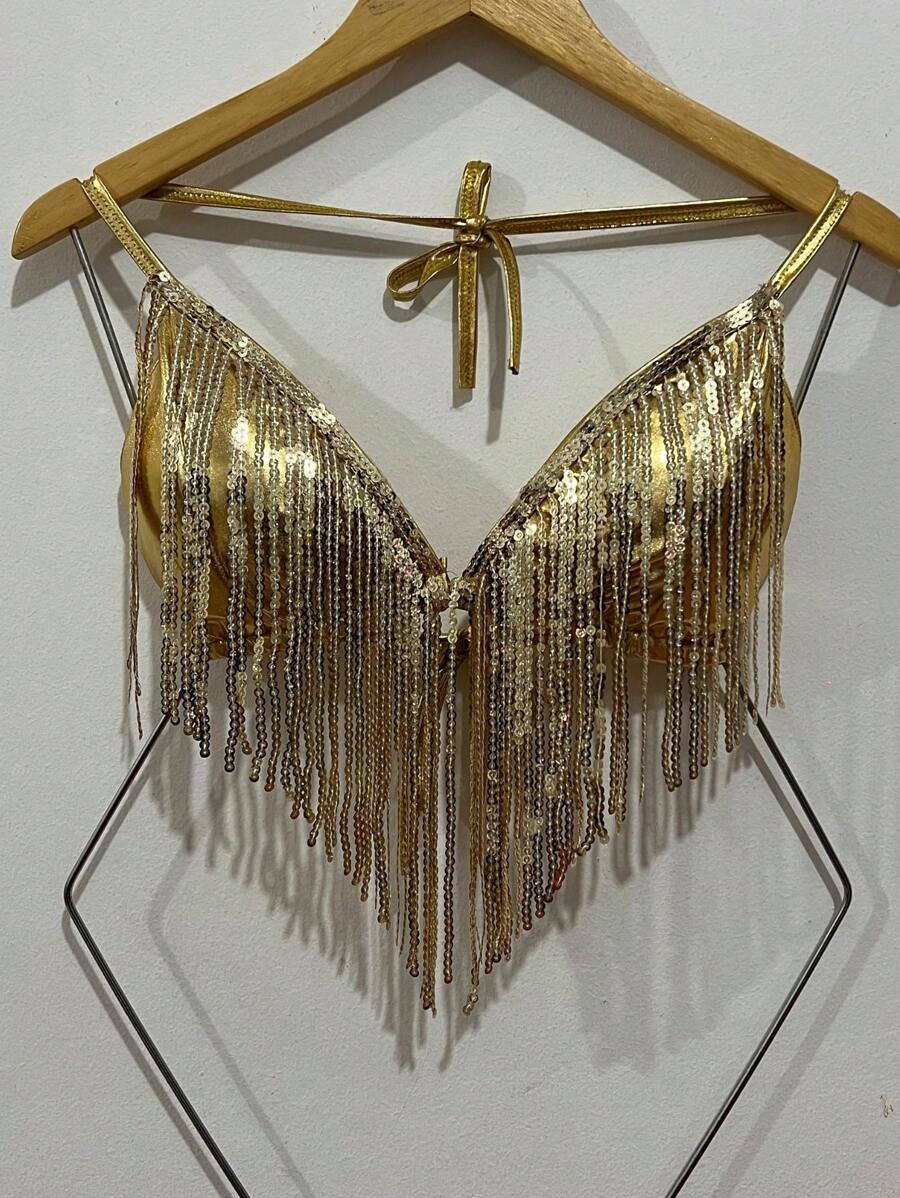 Sexy Metallic Cropped Top With Sequin Fringes With Padding And Backless, V-Neck, Ties At The Back And Neck, Suitable For Holiday Parties, Carnival Fashion, Clubwear, One Size Fits 38-42 - 金色 - 查看 1