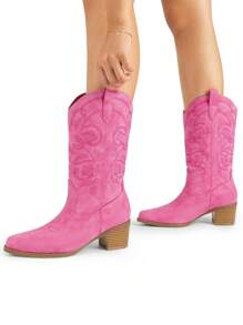 New Arrivals Women's Cowboy Boots Cowgirl Western Boots Mid Calf Boots Fashionable Embroidery Stitched Slip On Chunky Heel Music Festival Party Boots - 粉色 - 查看 4