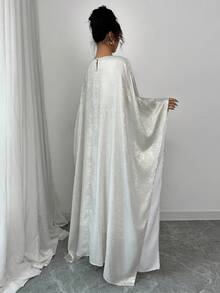 女式圆领可调节腰部休闲连衣裙，采用闪亮面料，端庄大方 - 杏色 - 查看 2