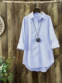 女式复古格子长袖休闲衬衫，春夏 - 淺藍色 - 查看 3