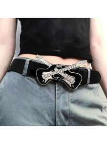 1 件女士金属吉他扣复古弹性宽装饰腰带，复古美式风格，Y2K 时尚，时尚设计 - A - 查看 3