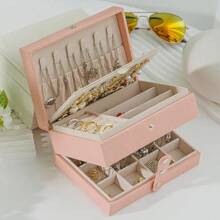 Portable Jewelry Storage Box Made Of PU Leather, Large Capacity, Travel Jewelry Organizer For Necklaces, Earrings, Rings, Dustproof Display Case Back To School Dormitory Storage - Black - View 2