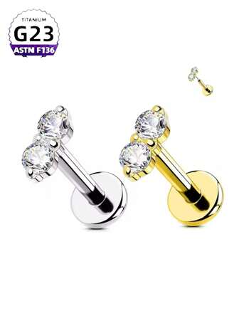CatDObo 1件装 两颗锆石耳环别针 金色斋月 F136 钛金属无线推入式唇钉 穿孔唇钉饰品 耳软骨螺旋