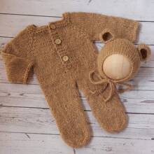 新生儿摄影道具，男女宝宝服装，柔软马海毛熊耳朵帽和连体衣，婴儿摄影服装套装，婴儿派对复活节礼物，男女宝宝用品