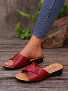 Women's Wedge Sandals, Casual Vacation Open Toe Thick-Sole Slip-On Shoes, Comfortable, Plus Size 43,Beach Outfits,Slippers Women - Red - View 4