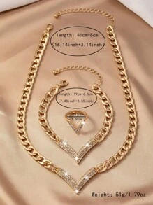 3pcs Set Alloy Chunky Chain Full Rhinestone V-Shaped Pendant Necklace, Bracelet & Ring, Luxury Retro Fashion Suit For Gift, Party, Banquet And Daily Wear