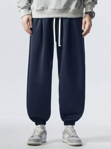 Plus Size Men's Loose Drawstring Waist Spring Sweatpants - Blue - View 3