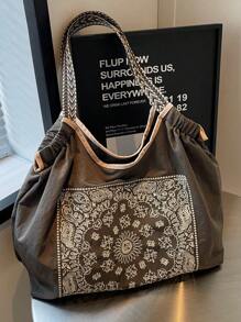 女士时尚手提包手提包，大容量防水帆布刺绣设计单肩包，个性化图案便携式手提包 - 灰色 - 查看 5