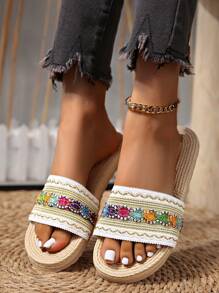女士平底拖鞋，轻便舒适的假日拖鞋，色彩缤纷的波西米亚风格假日凉鞋，超轻鞋底，轻便平底家居拖鞋，露趾透气静音浴室拖鞋 - 多色-圓頭 - 查看 7