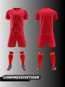 2pcs Boy's Personalized Soccer Jersey - Customizable Name And Number Print Stripe Decor Short Sleeve T-Shirt + Shorts Co-Ord Quick-Drying Sweat-Absorbing Sports Set As Gift, Multi-Functional, Ornamental, Letter, Stylish, Modern, Colorful, Cute, Adorable, Casual, Custom, Personalized, Unique, Customized, Ideal Gifts For Him, Ideal Gifts For Her - Red - View 2