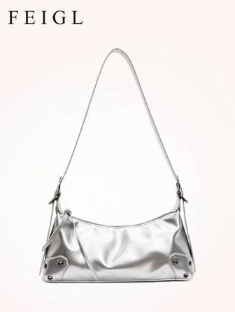 1 件时尚纯色百搭银色手提包，Y2K 交叉腋下包，哥特式朋克摇滚风格单肩包，配有可调节肩带手提包，时尚金属装饰 PU，新年装扮，礼物，派对，音乐节，适合少女、女大学生、白领，非常适合大学、工作、商务、通勤、户外、旅行、徒步旅行、办公室，非常适合工作、购物