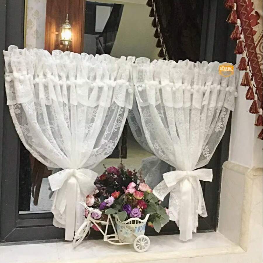 1pc Plum Blossom Lace Sheer Cafe Curtain, Short Curtain For Kitchen Cabinet Window, Decorative Home Use