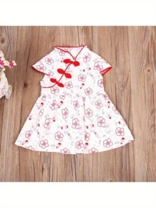 Girls Kids Chinese Qipao Dress Summer Short Sleeve Floral Print Pleated Tutu Dress Classical Dress Outfit Set Cloths - Đỏ - Xem 1