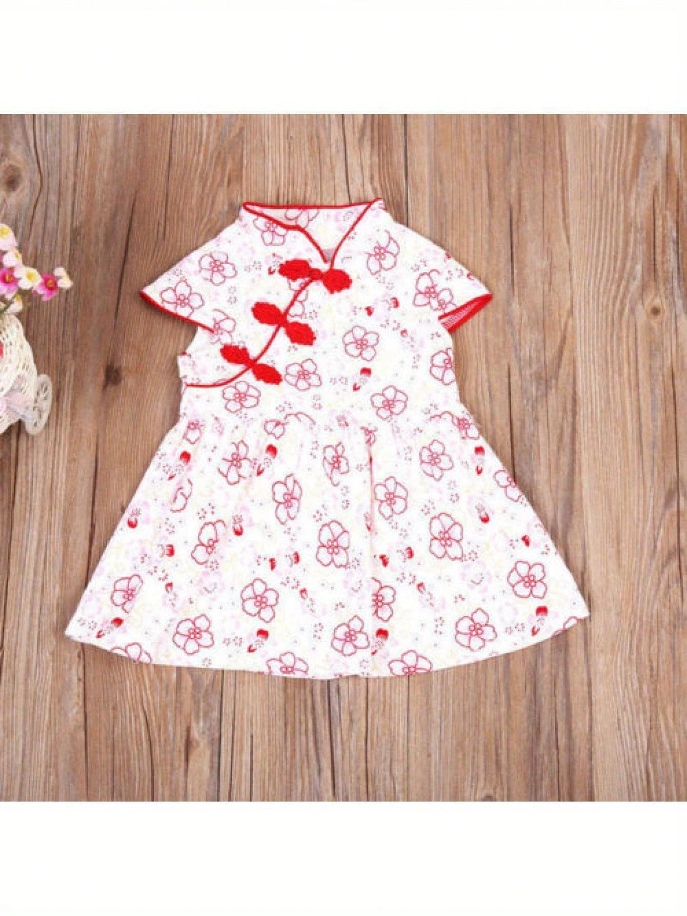 Girls Kids Chinese Qipao Dress Summer Short Sleeve Floral Print Pleated Tutu Dress Classical Dress Outfit Set Cloths - Đỏ - Xem 1