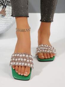 New Plus Size Women Square Toe Pearl Leather Flat Slippers Sandals, Casual Fashion Outdoor Beach Wear Summer Shoes