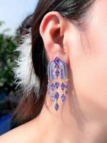 1 Pair Luxury Chandelier Dangle Drop Tassel Purple Cubic Zirconia Pave Long Fringed Wedding Bridal Party Earrings For Women Glamorous Pageant Jewelry Accessories - Purple - View 6