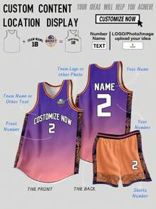 2pcs Personalized Tween Boys Training Basketball Jersey- Customized Team Name,Number And Photo Print Gradient Tank Top+Shorts Sports Set & Casual Wear Spring/Summer - Purple - View 1