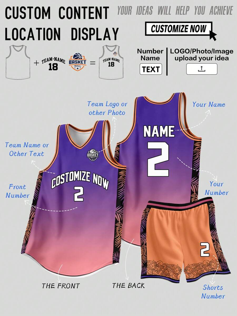 2pcs Personalized Tween Boys Training Basketball Jersey- Customized Team Name,Number And Photo Print Gradient Tank Top+Shorts Sports Set & Casual Wear Spring/Summer - Purple - View 1