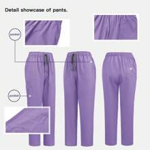 1 Set Women Short Sleeve Zipper Suit With Stand Collar And Pockets, Made Of Polyester Frosted Fabric, Loose Fit Nurse Scrub Uniform, Suitable For Hospital Work, Scrub Uniform Set - Purple - View 5