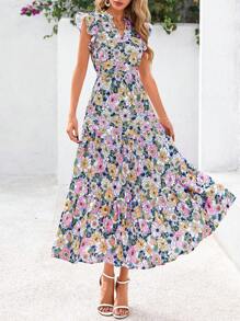 Women's Summer Print Mid-Length Dress With Sleeve Cap V-Neck Ruffled Long Flowing Bohemian Style Casual Beach Holiday Dress - 紫底粉花 - 查看 4