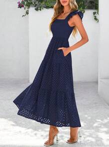 Women's Summer Square Collar Long Dress With Sleeve Cap Hole Eye Ruffles Layered A-Line Casual Vacation Long Skirt With Pockets - Màu xanh hải quân - Xem 5