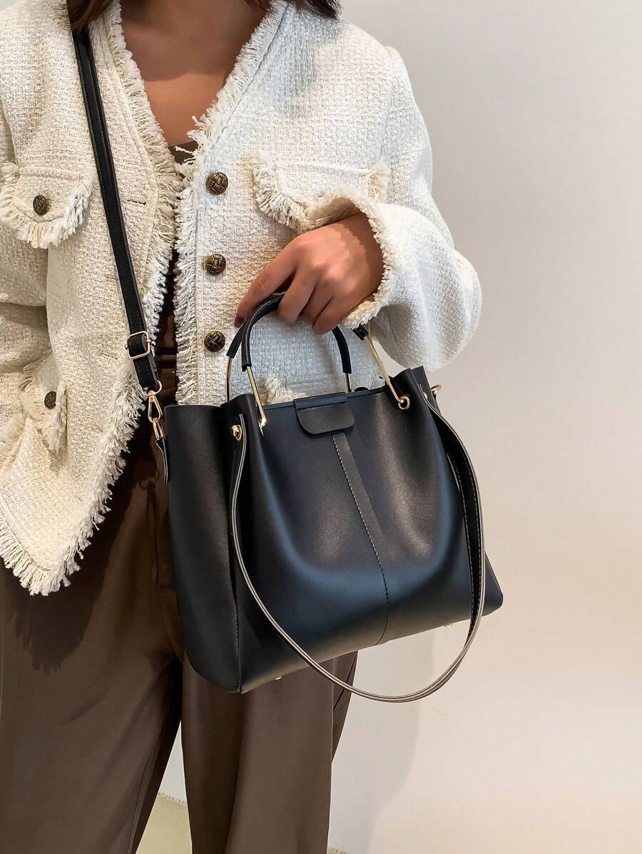 Versatile Solid Color Women Handbag & Shoulder Tote Bag