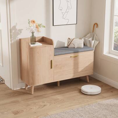 Banc de rangement à chaussures, banc à chaussures d'entrée, avec coussin, porte pliante et étagères réglables, panneaux de particules
