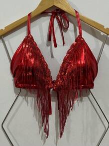 Sexy Metallic Cropped Top With Sequin Fringes With Padding And Backless, V-Neck, Ties At The Back And Neck, Suitable For Holiday Parties, Carnival Fashion, Clubwear, One Size Fits 38-42 - 紅色 - 查看 2