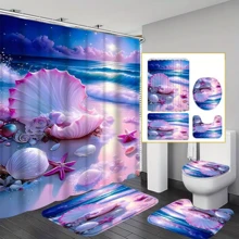 4pcs Sea Shell And Pearl Shower Curtain Gift Modern Home Bathroom Decoration Curtain And Toilet Floor Mat 3-Piece Set With 12 Shower Curtain Hooks Bathroom Accessories Back To School Fall Decor