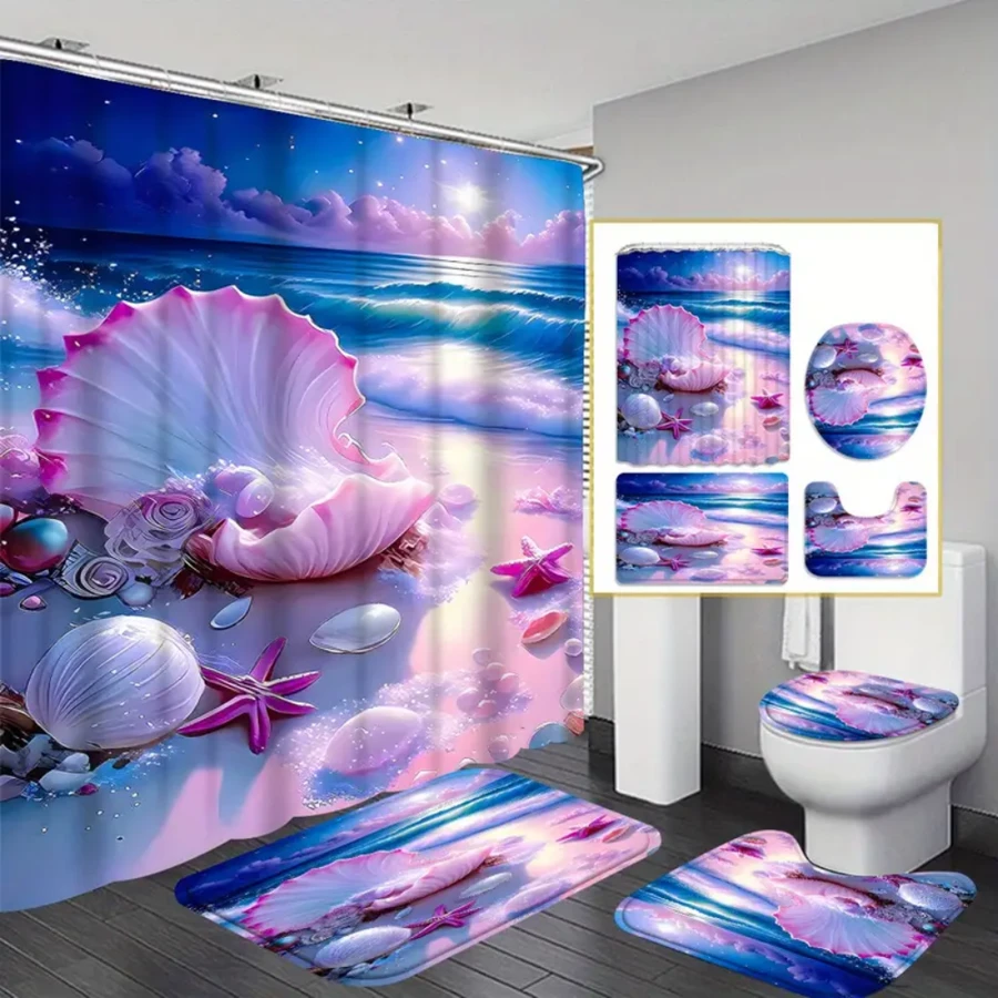 4pcs Sea Shell And Pearl Shower Curtain Gift Modern Home Bathroom Decoration Curtain And Toilet Floor Mat 3-Piece Set With 12 Shower Curtain Hooks Bathroom Accessories Back To School Fall Decor