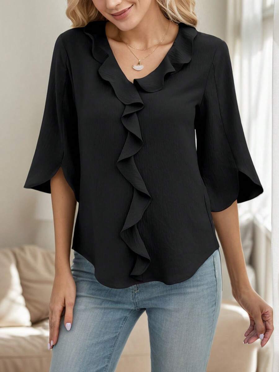 Womens Blouses,Blouses For Women Dressy Casual,Blouses For Women Business Casual,Womens Dressy Casual Blouses 3/4 Sleeve V Neck Ruffle Tops Business Ladies Summer Work Shirt