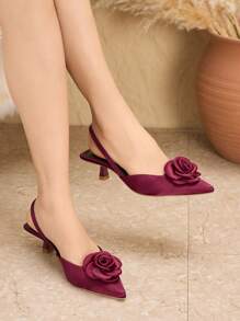 Women's Elegant Comfortable Pointed Toe Apricot Floral Decor Slip-On Pumps - Burgundy - View 4