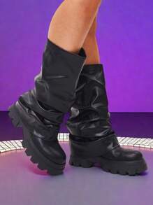 Ruched Fold Over Slouchy Shark Boots For Women Fashion Platform Chunky Heels Pull On Knee High Pleated Boots Woman