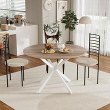 AYYDS 120 Cm Round Wooden Kitchen & Dining Room Table - Retro Industrial Style With Natural Walnut Finish And White Table Legs (Chairs Not Included) - White - View 2