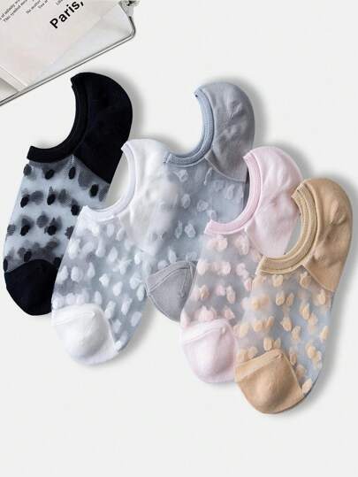 5 Pairs Sheer Ankle Socks, Ultra-Thin Breathable Non-Slip Silicone Grip, Polka Dot Transparent Boat Socks