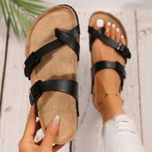 Women's Cork Footbed Sandal With Adjustable Buckle,Comfortable Summer Beach Sandals - 全黑 - 查看 1
