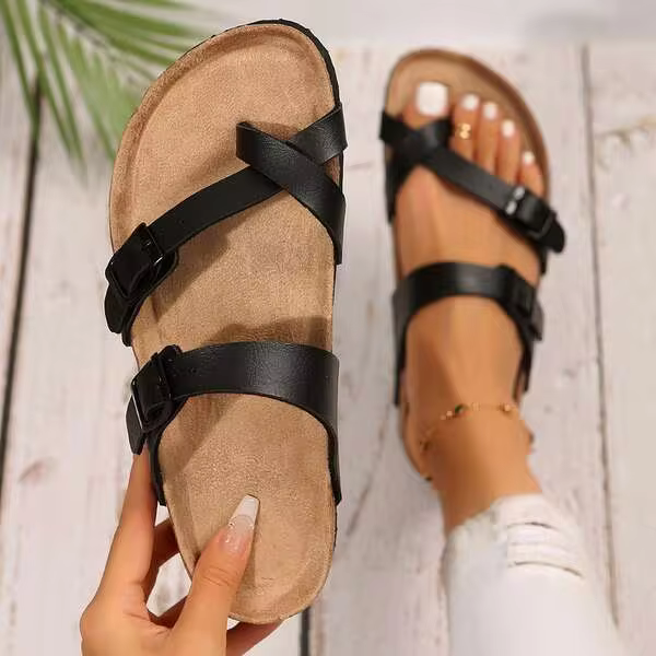 Women's Cork Footbed Sandal With Adjustable Buckle,Comfortable Summer Beach Sandals