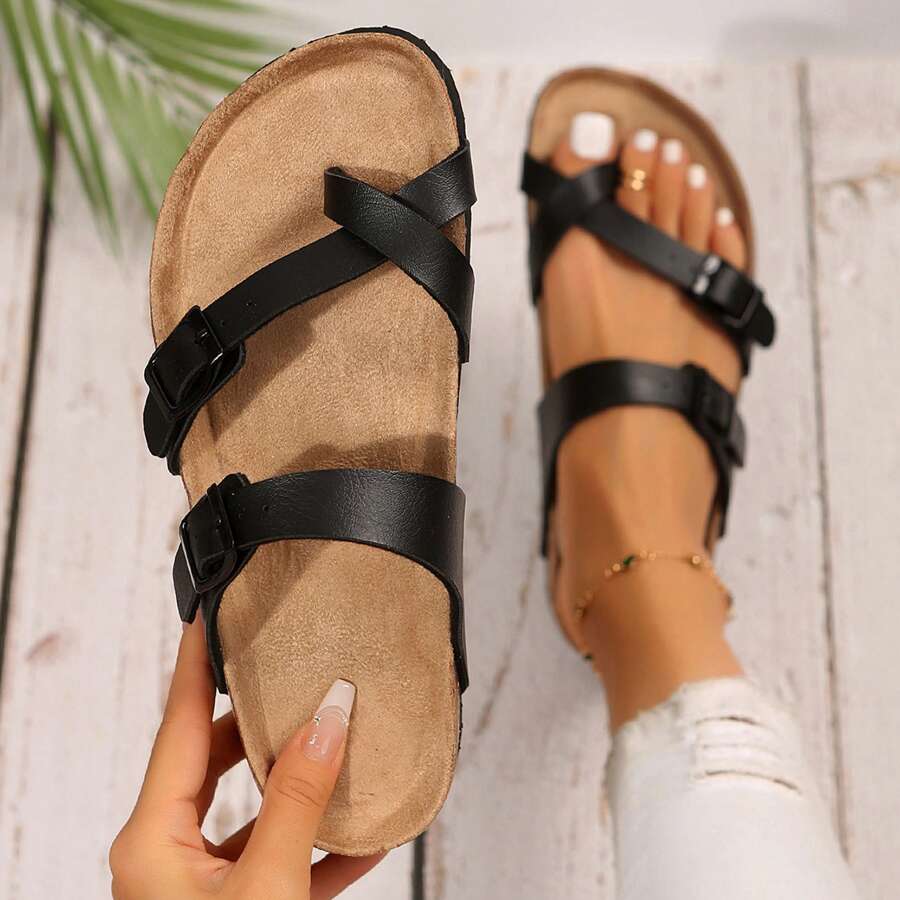 Women's Cork Footbed Sandal With Adjustable Buckle,Comfortable Summer Beach Sandals - 全黑 - 查看 1