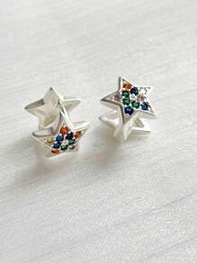 1 Cặp bông tai hình ngũ giác bằng đồng mạ Zirconia, thích hợp cho phụ nữ đeo hàng ngày - Bạc - Xem 3