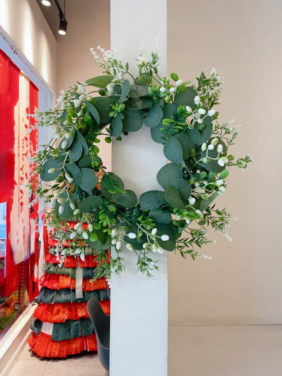 1pc Artificial Flower Wreath, Spring Green Floral Garland With Leaves, Home Decoration Wreath For Wall, Door, Gate - Fake Plant Wreath - Green - View 1