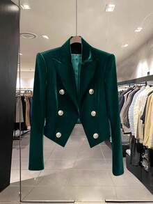 金色天鹅绒短款夹克，凸显女性魅力 - 墨綠色 - 查看 3