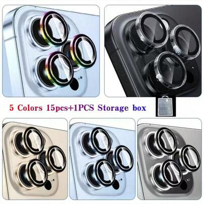 16片装镜头保护膜/摄像头保护/防刮/5套混色机镜头保护膜，超高清9H强化玻璃金属分离环盖，安装简便，防刮，适用于手机壳+1个收纳盒。手机镜头膜，黑色、蓝色、金色、银色，彩色镜头膜。生日、家人、朋友的礼物，合金金属钢化玻璃全覆盖，镜头保护膜，手机配件，防水防震防刮防指纹