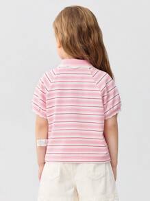 Balabala Girls' Short-Sleeve Polo Shirt, Sweet Summer Baby Tee, 2025 New Arrival - Red and White - View 3