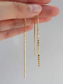 A Pair Of Sterling 925 Silver Exquisite Elegant Fashion Geometric Beads Long Tassel Chain Ear Lines Earrings For Women Daily Wearing Minimalist Earrings Jewelry Gift Accessories - Gold - View 1