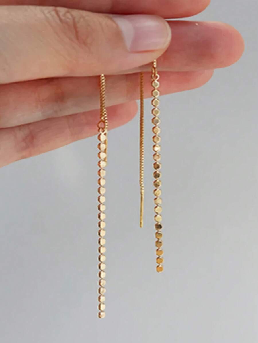A Pair Of Sterling 925 Silver Exquisite Elegant Fashion Geometric Beads Long Tassel Chain Ear Lines Earrings For Women Daily Wearing Minimalist Earrings Jewelry Gift Accessories - Gold - View 1