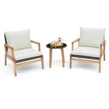 GOFLAME 3 Piece Patio Conversation Set Wicker Chair & Side Table Set W/ Soft Cushions - White - View 2