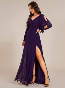 EVERPRETTY Spring Split Sleeve Split Thigh Chiffon Purple Bridesmaid Dress Wedding Guest Gown